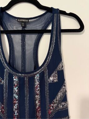 Express Navy Sequin Racerback Tank with Silver Accents